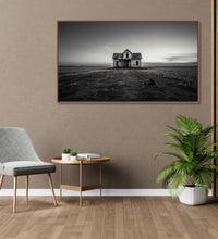 Painting for Home:Minimalistic Monochrome with a delapidated gouse in the middle of a grassland ad clear sky