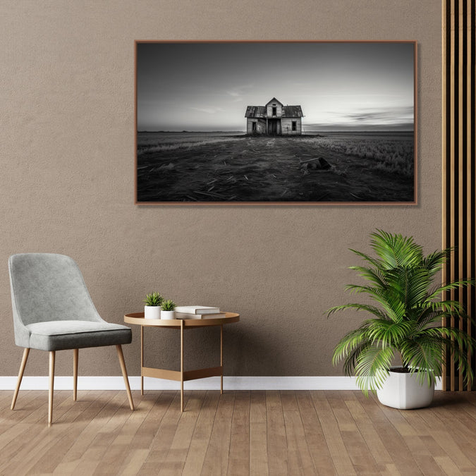 Painting for Home:Minimalistic Monochrome with a delapidated gouse in the middle of a grassland ad clear sky