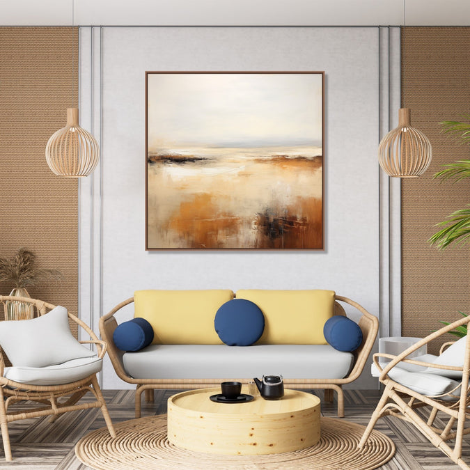 Painting for Home:Minimalistic abstract with grey, white, yellow, orange and dark brown heus