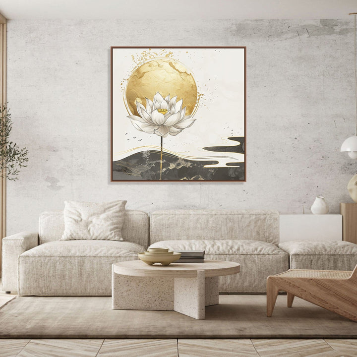 Painting for Home:Minimalistic image of a white lotus with golden orb behind and white, black, golden abstract background