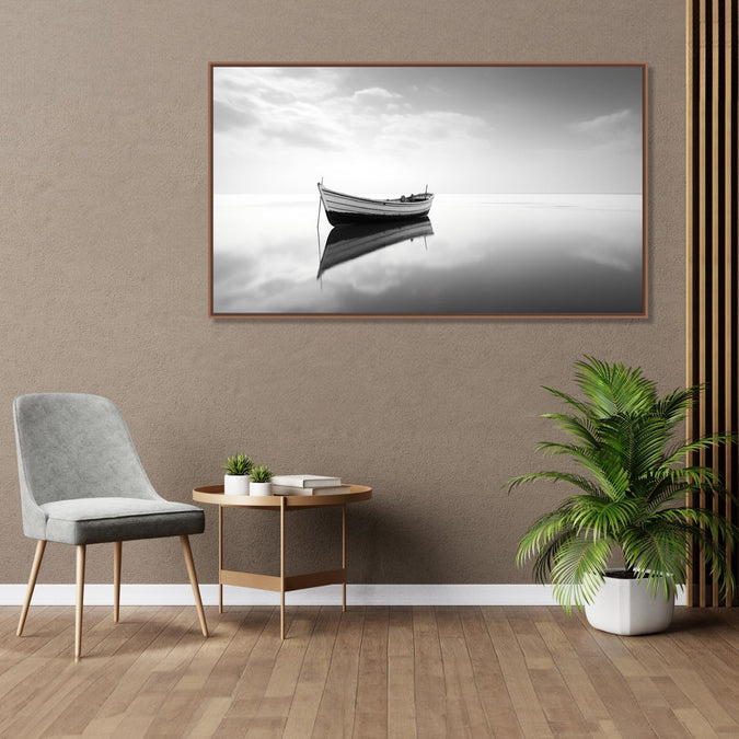 Painting for Home:Minimalistic monochrome with a boat with clear reflection.