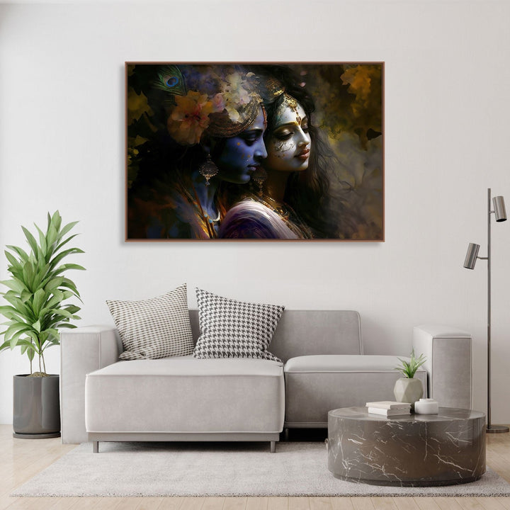 Painting for Home:Radha Krishna facing right side and lost in thoughts, Blue Krishna and Beige Radha, with Krishna wearing flower head band