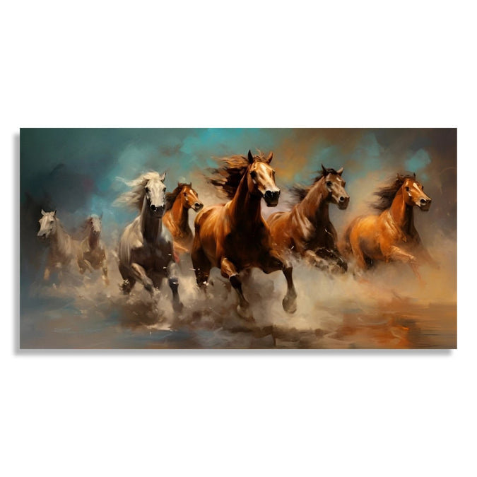 Painting for Living Room:4 Brown and 3 White horses running in abstract background, water