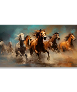 Painting for Living Room:4 Brown and 3 White horses running in abstract background, water