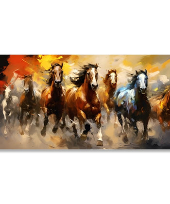 Painting for Living Room:5 Brown horses, 1 White and 1 blue Horse, running in abstract background of Yellow, Red, Orance and grey heus