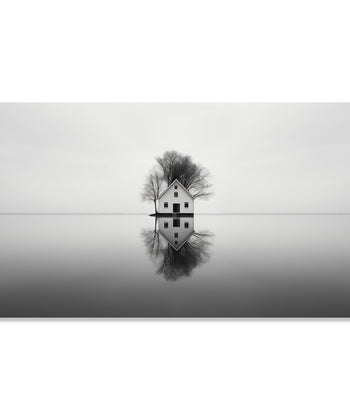 Painting for Living Room:A Cottage house with dry trees behind in the middle of a lake and a clear reflection