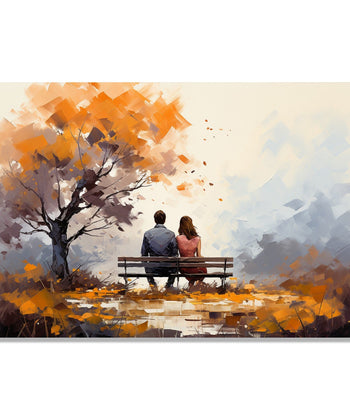 Painting for Living Room:A Couple sitting on a bench next to a fall tree