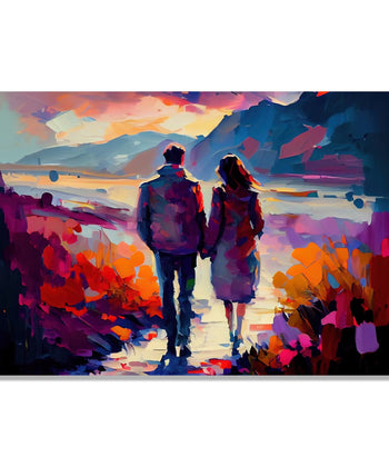 Painting for Living Room:A Couple walking hand in hand on a path going towards valley by a mountain and some orange bushes