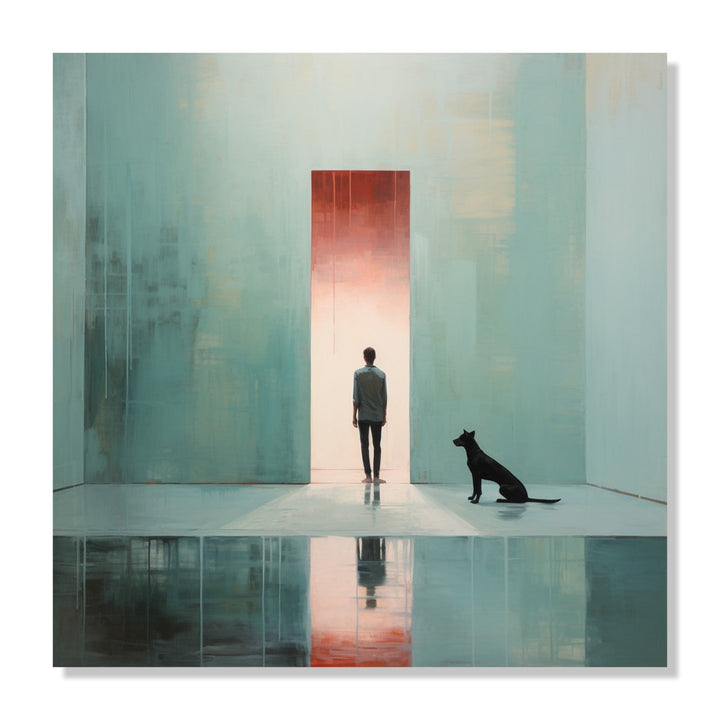 Painting for Living Room:A Man in door frame and a dog by his side in a minimalistic room