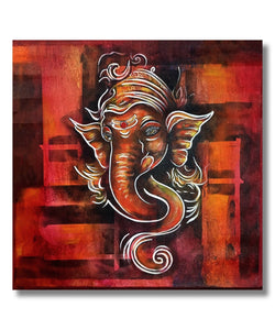 Painting for Living Room:A White line Ganesha head in Red maroon background