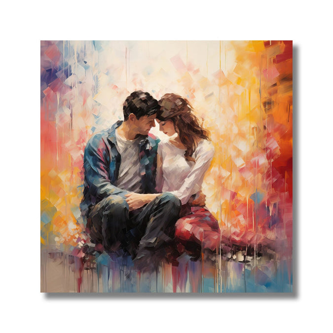 Painting for Living Room:A couple facing each other and sitting, abstract background. Orange and off white abstract background