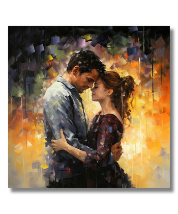 Painting for Living Room:A couple leaning into each other and resting their forehead on eachother's forehead. Orange and dark abstract background.