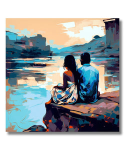 Painting for Living Room:A couple sitting on cliff looking into the background having a Lake and other cliff edges.