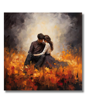 Painting for Living Room:A couple sitting on ground, facing each othe rand embracing, Abstract orange ground an dblack and white background