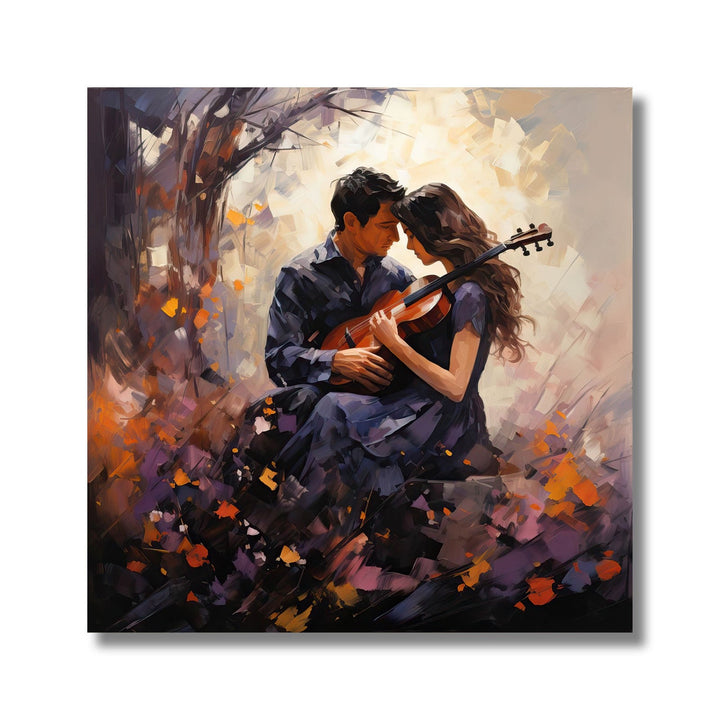 Painting for Living Room:A couple sitting with a guitar under a tree, abstract background