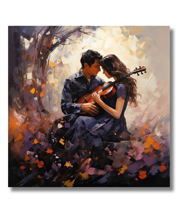 Painting for Living Room:A couple sitting with a guitar under a tree, abstract background