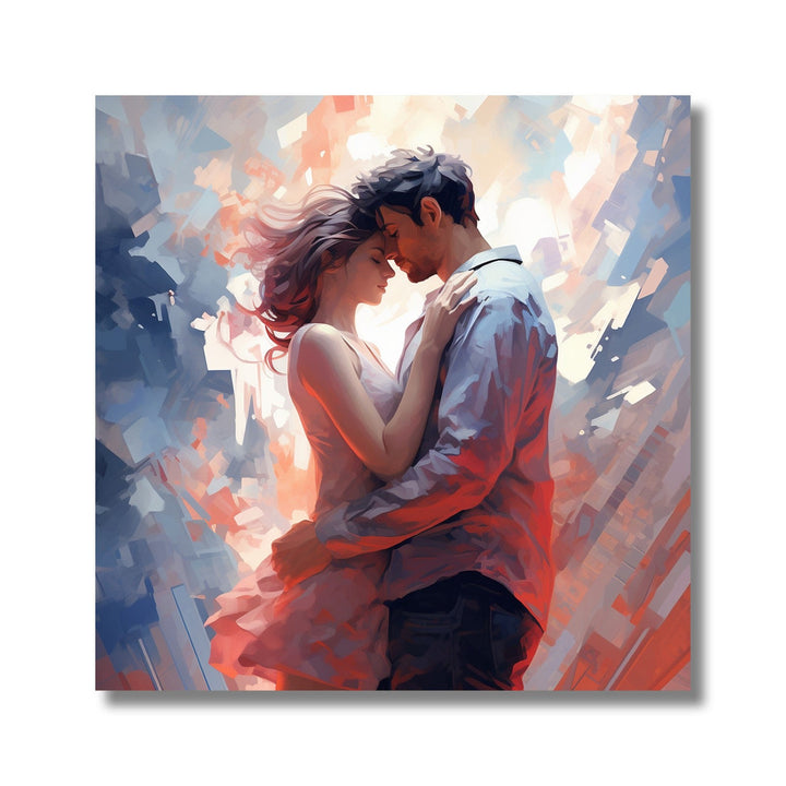 Painting for Living Room:A couple standing and facing each other and embracing. Girl in pink dress and boy in light blue shirt. Light abstract background.