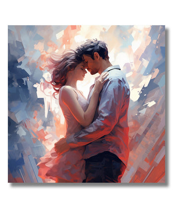 Painting for Living Room:A couple standing and facing each other and embracing. Girl in pink dress and boy in light blue shirt. Light abstract background.