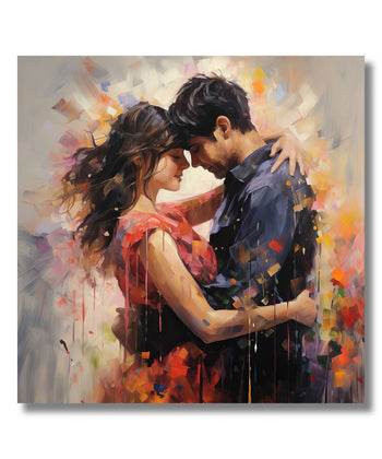 Painting for Living Room:A couple standing and facing each other and embracing. Girl in red dress and boy in blue shirt. Light abstract background.