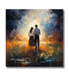 Painting for Living Room:A couple walking into abstract background. Orange Green ground and White blue Sky.