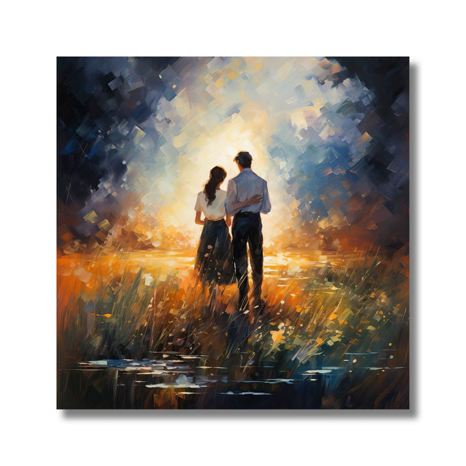 Painting for Living Room:A couple walking into abstract background. Orange Green ground and White blue Sky.