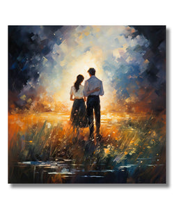 Painting for Living Room:A couple walking into abstract background. Orange Green ground and White blue Sky.