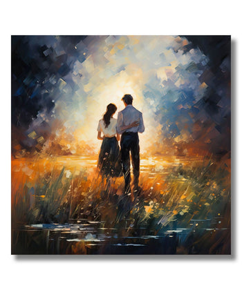 Painting for Living Room:A couple walking into abstract background. Orange Green ground and White blue Sky.