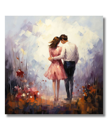 Painting for Living Room:A couple walking inwards embracing each other. Girl in Pink short dress and boy in pant shirt. Light abstract background