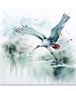 Painting for Living Room:A grey Crane in abstract background in watercolour