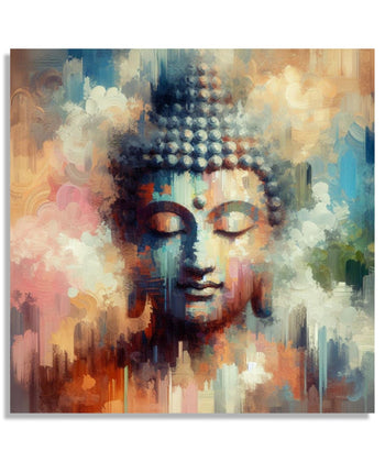 Painting for Living Room:A meditating buddha in Patchwork abstract background, Colours White, Blue, Pink, Peach, Beige