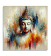 Painting for Living Room:A meditating buddha in plain abstract workwith light grey, orange,light blue colours