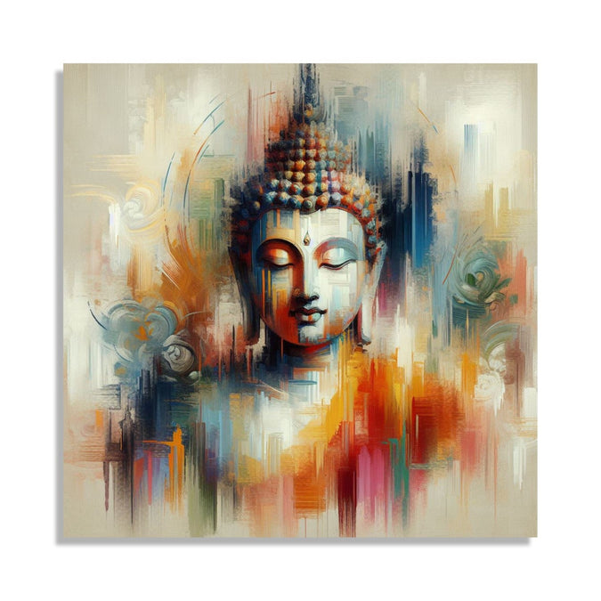 Painting for Living Room:A meditating buddha in plain abstract workwith light grey, orange,light blue colours