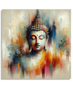 Painting for Living Room:A meditating buddha in plain abstract workwith light grey, orange,light blue colours