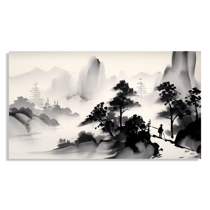 Painting for Living Room:A monochrome of mountains and trees, with a man passing by in an Asian Landscape