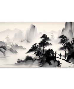 Painting for Living Room:A monochrome of mountains and trees, with a man passing by in an Asian Landscape