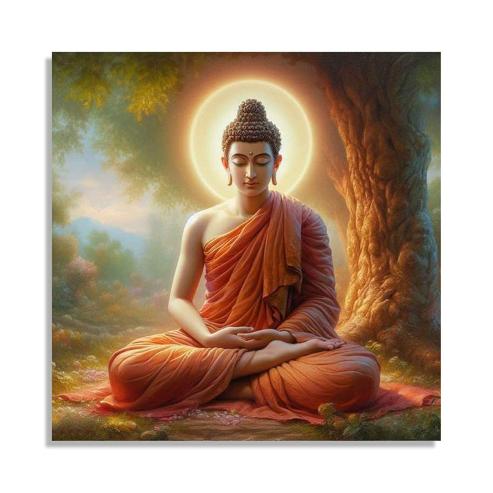 Painting for Living Room:A realistic painting of meditating buddha under a tress with gold orb behind his head