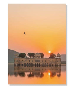 Painting for Living Room:A small palace in the middle of the lake at sunset, a bird flying above