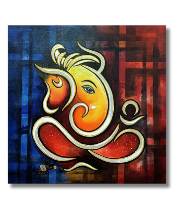 Painting for Living Room:A white Line Ganesha in Blue and Red line Background