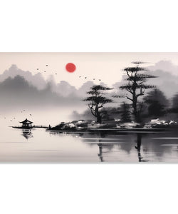 Painting for Living Room:An Asian Mnochrome Landscape of a jetty in a river and trees and rocks on the shore. Also has a Red Sun above the tree line in the background