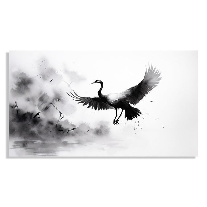 Painting for Living Room:An Asian Monochrome landscape of a crane flying against an abstract background in black and white