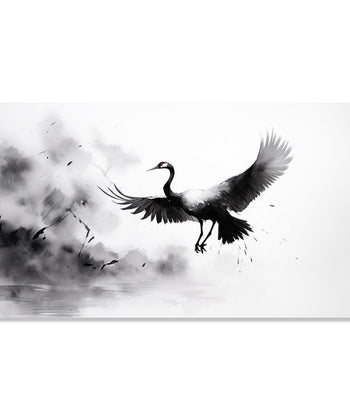 Painting for Living Room:An Asian Monochrome landscape of a crane flying against an abstract background in black and white