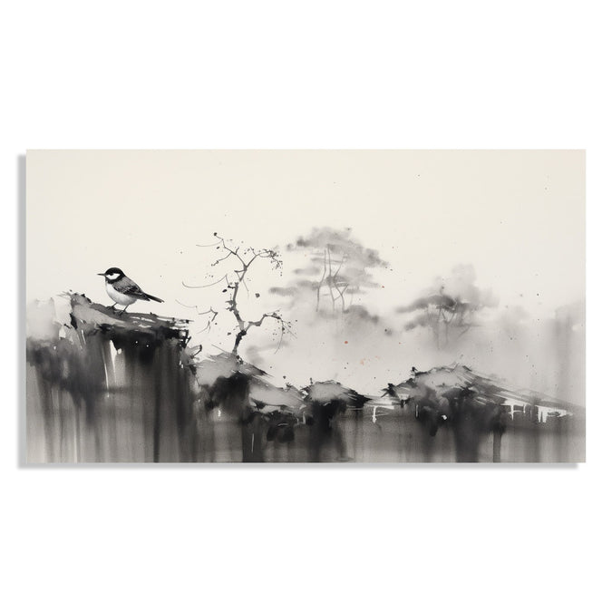 Painting for Living Room:An Asian Monochrome landscape of a sparrow sitting on a cliff and faded tree line in background of black and white