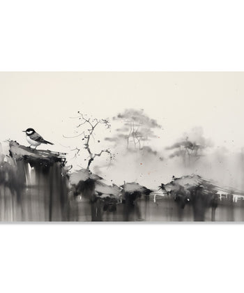 Painting for Living Room:An Asian Monochrome landscape of a sparrow sitting on a cliff and faded tree line in background of black and white