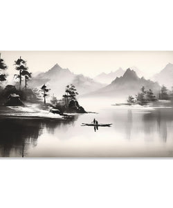 Painting for Living Room:An Asian Monochrome landscape with boat in river and misty mountains in background