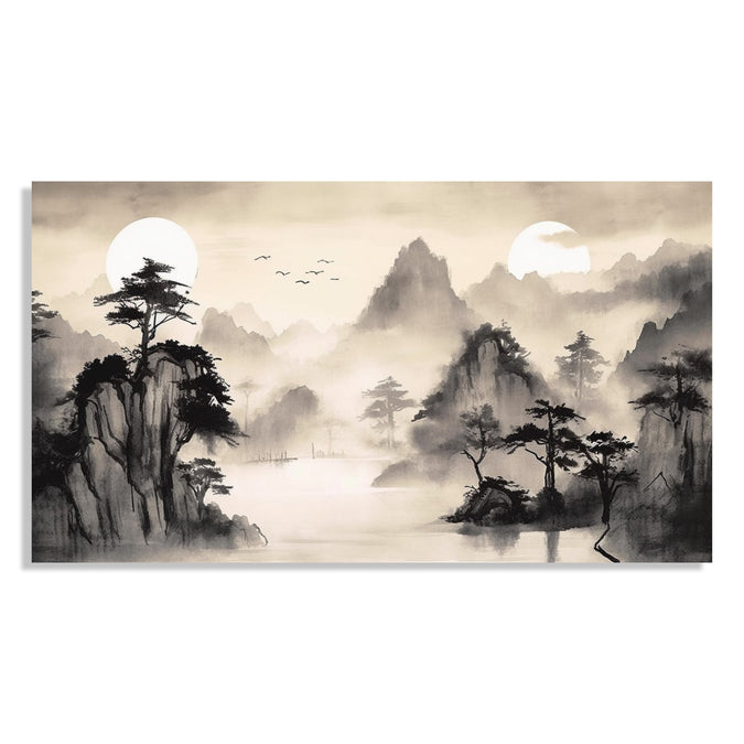 Painting for Living Room:An Asian Monochrome of mountains, Lake and tree with Misty surroundings and two sun