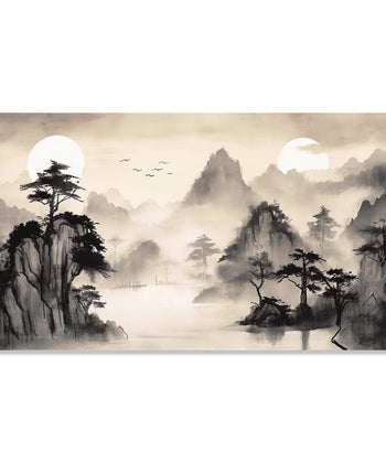 Painting for Living Room:An Asian Monochrome of mountains, Lake and tree with Misty surroundings and two sun