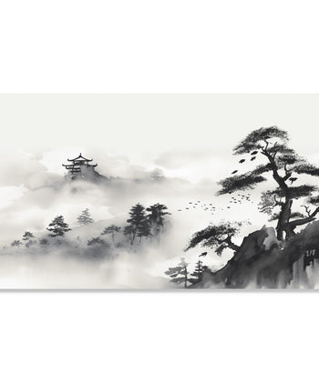 Painting for Living Room:An Asian Monochrome of mountains, tree an temple with Misty surroundings