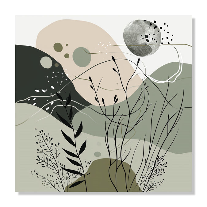 Painting for Living Room:An abstract image with Beige, black an dolive green colours, some shoots, leaves and, small circles in front.