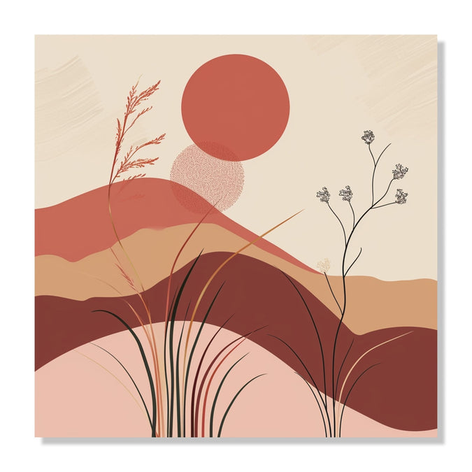 Painting for Living Room:An abstract of beige, brown, maroon shades with hills, grass and Maroon sun