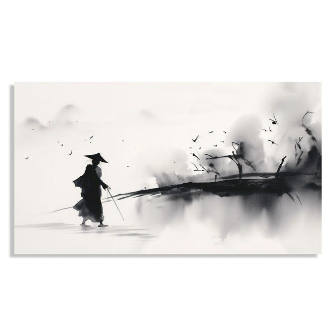 Painting for Living Room:Asian Monochrome of a traveller going through an abstract landscape